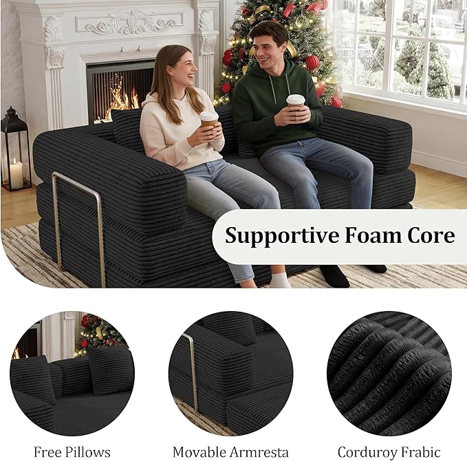 4-in-1 Foldable Sofa Bed Teddy Foam-Filled Compressed Couch Loveseat Sofa Boneless Foldable Convertible Sleeper Sofa Couch for Space Saving Living Room Guest Bed Playroom (Black 53.15Double Sofa)