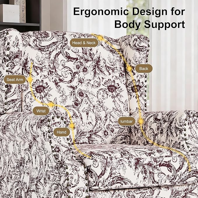 Wingback Chairs Set fo 2 High Back Floral Accent Chair in Fabric Comfy Upholstered Armchair with Nailhead Trim for Living Room Single Sofa Reading Chair for Small Spaces Bedroom-Plum