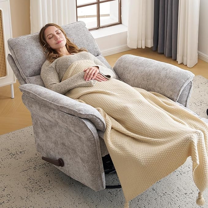 Oversized Glider Rocker Recliner 26 Extra Wide 360° Swivel Nursery Recliner with Adjustable Headrest Chenille Rocking Nursery Chair with Overstuffed Armrest Lumbar Support Light Grey