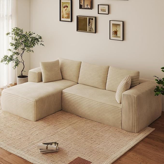 No-Assembly Cloud Sectional Sofa with L-Shaped Chaise Modern Modular Design for Living Room Features Deep Seat and Plush Corduroy Fabric Effortless Setup for Instant ComfortBeige