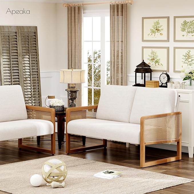 Small Loveseat Sofa with Rattan Arms Linen Mini Couch for Living Room Bedroom Modern Upholstered Love Seat with Wood Legs Ivory