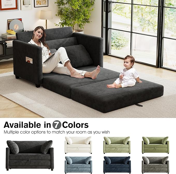 51 Loveseat Sleeper Sofa Bed Chenille Convertible Floor Sofa Bed for Small Spaces Folding Couch Bed with Deep Seat 2 Pillows &amp Solid Frame Pull Out Floor Couch for Living Room Black