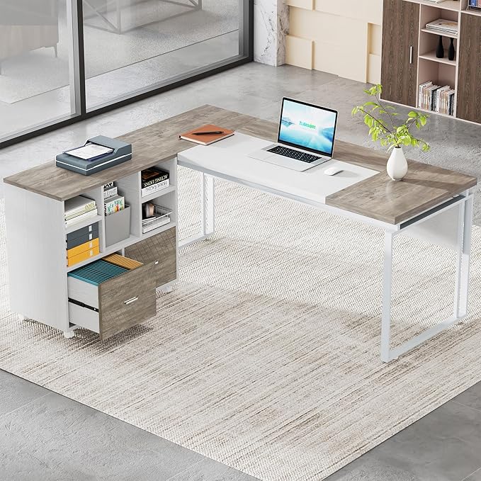 Tribesigns L-Shaped Executive Desk with Reversible File Cabinet 63 Office Desk with Storage Drawers L-Shaped Computer Desk with Drawer Cabinet for Hanging Letter Size FilesGray &amp White