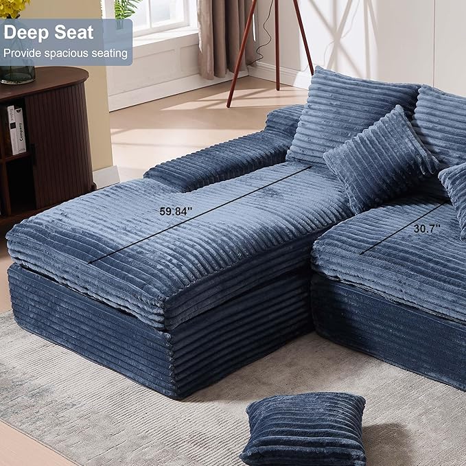 98.8 Cloud L Shape Sectional Couch with Deep Seat Modern Boneless Compressed Sofa with Chaise 4 Seat Corduroy Couches for Living Room Bedroom No Assembly Required (Blue)