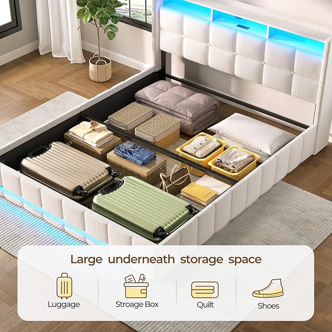 Rolanstar Bed Frame Full Size with Lift Up Storage Charging Station &amp LED Lights Upholstered Storage Headboard Heavy Duty Wooden Slats No Box Spring Needed Noise Free Easy Assembly Beige
