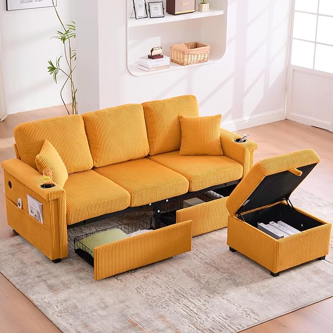 L Shaped Sectional Sofa with Storage &amp Movable Ottoman 76 Corduroy 3 Seater Sectional Couch with USB Charging Cup Holder &amp LED Light Couches for Living Room Mustard Yellow