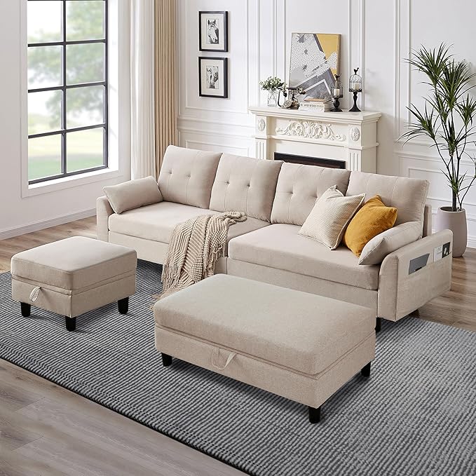 Convertible Sectional Sofa Modern L Shaped CouchLinen Fabric 4-Seat Sofa Set with Storage Ottoman and Coffee Table for Living RoomBeige