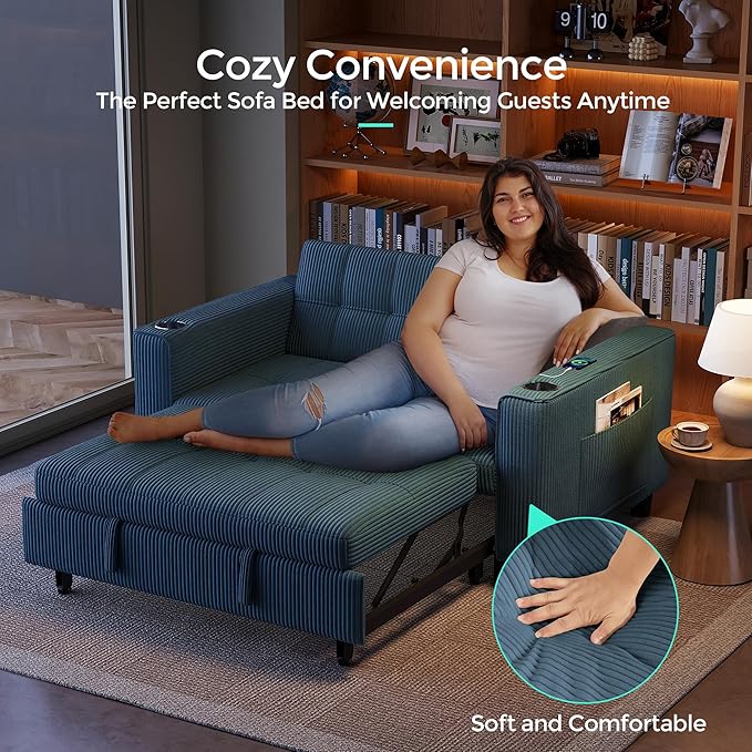 LINSY Sleeper Sofa Bed 54 Pull Out Couch with Charging Station &amp Cup Holder Small 3 in 1 Convertible Loveseat Sleeper Couch for Apartment Dorm Room Bedroom and Small Space Corduroy Blue