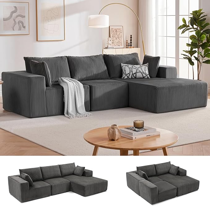HUATEAN 108” Modular Sectional Sofa Cloud Sectional Couch with Deep Seat Modern Modular L-Shape Sofa Couch with ChaiseUpholstered Couches for Living Room Bedroom (Corduroy Darkgrey)