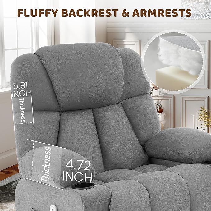Massage Rocker Recliner Chair Ergonomic Rocking Recliner Sofa with Vibration Massage &amp Heat Reclining Fabric Nursery Chair for Living Room Lounge with 4 Pockets 2 Cup Holders Grey