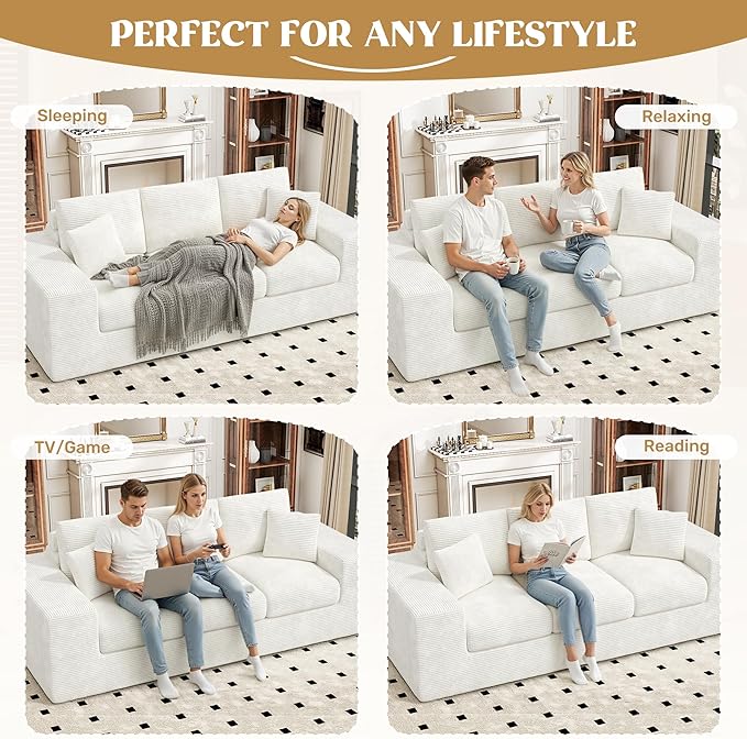 Nalupatio 91.7 Boneless Sofa Couch3 Seater Cloud Couch with Layered CushionUpholstered Corduroy Floor Sofa with Deep Seat &amp Removable Cover &ampThrow Pillows for Living RoomNo Assembly Beige