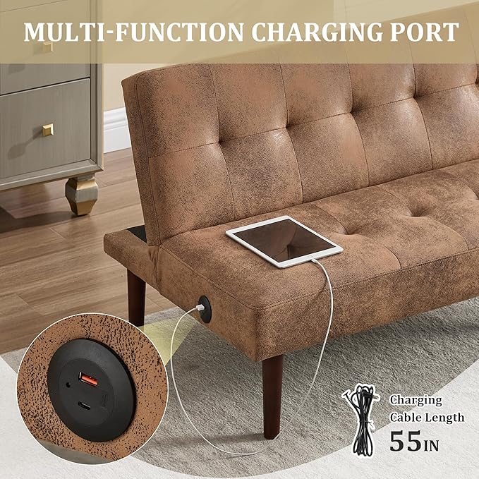 Anwick Convertible Futon Sofa Bed with Charging Port 45″ Folding Sleeper Sofa Adjustable Backrest Small Couch for Living Room Small Spaces Or Office Modern Loveseat (Coffee)