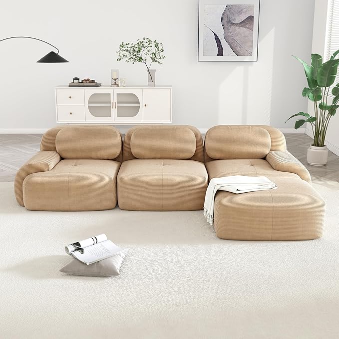 Modular Sectional Sofa Boneless Couch Cloud Sectional Couches for Living Room Oversized L Shaped Couch with Deep Seat and Ottoman Comfy Corduroy Upholstery Camel Couches No Assembly(3S+1O)