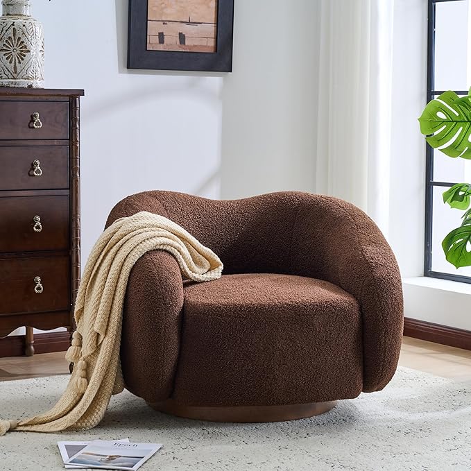 Christopher Knight Home Beckie Boucle Upholstered 360° Swivel Accent Chair Living Room Barrel Swivel Chair with Wooden Base Modern Club Chair with Rotation Dark Brown