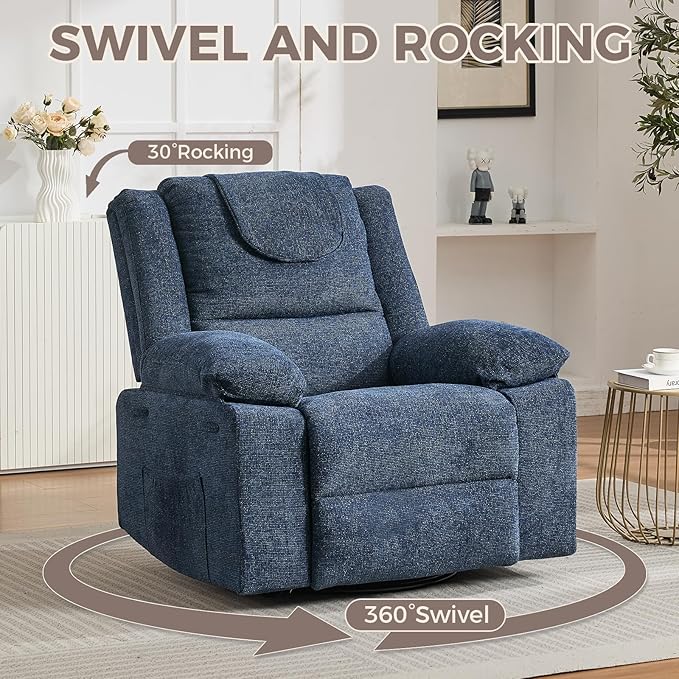 Adults Oversized Rocking Nursery Glider Recliner Chair360° Swivel Rock Recliner Chairs Single Sofa with Vibration Massage and Heating for Living Room/BedroomBlue
