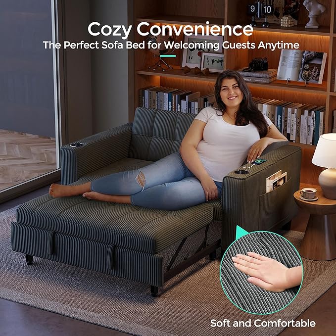 LINSY Sleeper Sofa Bed 54 Pull Out Couch with Charging Station &amp Cup Holder Small 3 in 1 Convertible Loveseat Sleeper Couch for Apartment Dorm Room Bedroom and Small Space Corduroy Gray