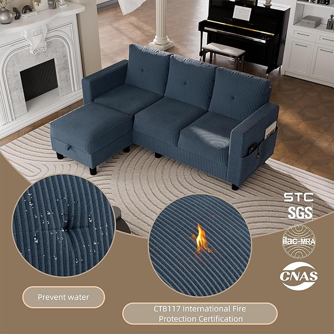 JAMFLY Convertible Sectional Couches for Living Room L-Shaped Couch 3 Seat Sectional Sofa Set with Polyester Fabric and Movable Ottoman Small Couch for Apartments Office(Blue)