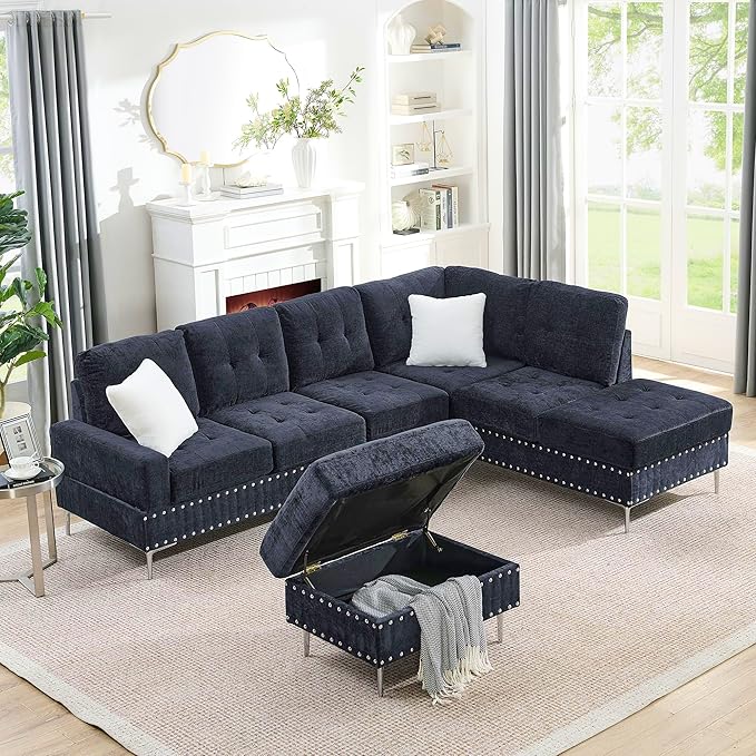 ERYE 102-Inch L-Shaped Corner Sectional Sofa Chenille Upholstered Tufted Corner Sofa Couch with Storage Ottoman and Nailhead DecorModern L-Shaped Convertible Couches