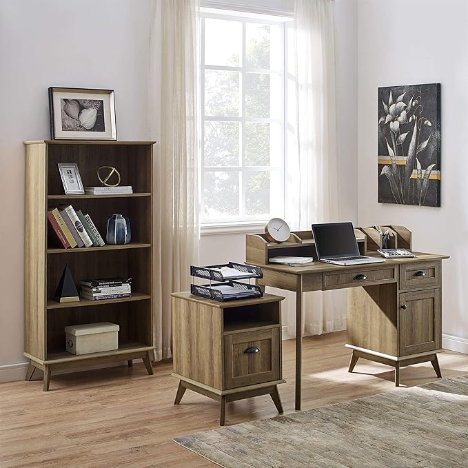 Pemberly Row Wood Writing/Computer Desk with Hutch Golden Oak Finish 47.6 in x 20 in x 36.3 in Engineered Wood and Metal USB Hub Multiuse Drawer Durable Home Office Desk for Bedroom or Dorm