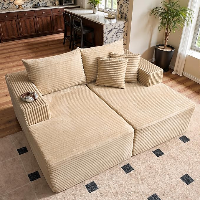 75 Boneless Chaise Lounge Chair Indoor Moudular Sectional Double Couch with Deep Seat No Assembly Required Modern Comfy Sleep Sofa Bed for Movie Reading Yoga for Living Room Beige