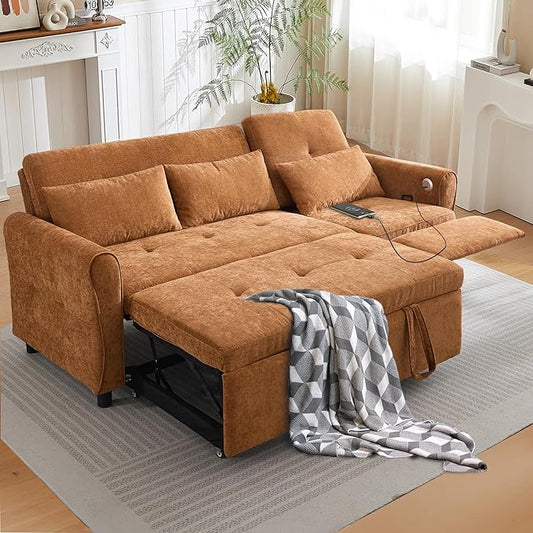 3 in 1 Convertible Pull Out Sofa Bed 82 Pull Out Couch Bed with USB&ampType-C Ports Corduroy Sleeper Sofa Reversible Chaise Recliner for Small Spaces Living Room Apartment Office (Orange 82)