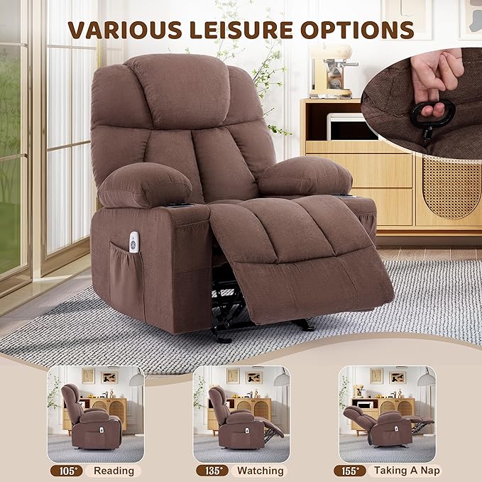 Massage Rocker Recliner Chair Ergonomic Rocking Recliner Sofa with Vibration Massage &amp Heat Reclining Fabric Nursery Chair for Living Room Lounge with 4 Pockets 2 Cup Holders Brown