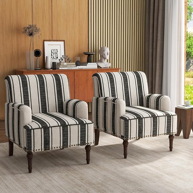 UIXE Stripe Accent Chairs Set of 2 Living Room Arm Chair Modern Nailhead Trim Club Armchair Comfy Upholstered Sofa Lounge Seat Reading Seat Bedroom Side Seating for Home Office Black