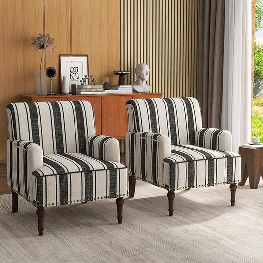 UIXE Stripe Accent Chairs Set of 2 Living Room Arm Chair Modern Nailhead Trim Club Armchair Comfy Upholstered Sofa Lounge Seat Reading Seat Bedroom Side Seating for Home Office Black