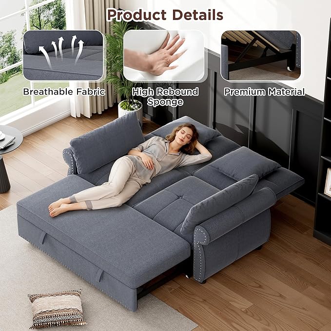 3 in 1 Sofa Bed 61 Inch Convertible Pull out Couch with Four Pillows Loveseat Sleeper Sofa with Adjustable Backrest Sofa Couches for Living Room Bedroom Apartment Chenille Fabric Grey