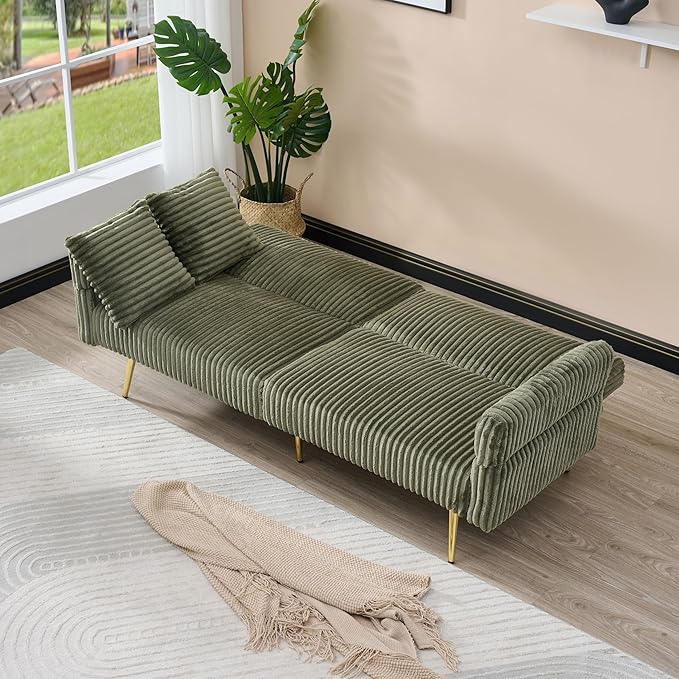 79 W Foldable Sofa BedOverstuffed Futon LoveseatComfy Upholstered Sofa Chair with Adjustable Armrests &amp BackrestConvertible Extra Deep Sleeper Sofabed for Living Room (Green 2 Seat)