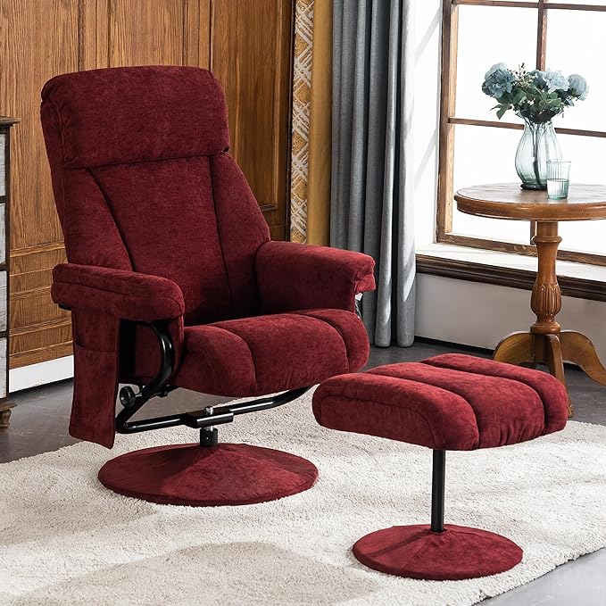 MCombo Swivel Recliner with Ottoman TV Chair with Vibration Massage Ideal for RV Small Space Living Room &amp Bedroom 4828 (Textile Burgundy)
