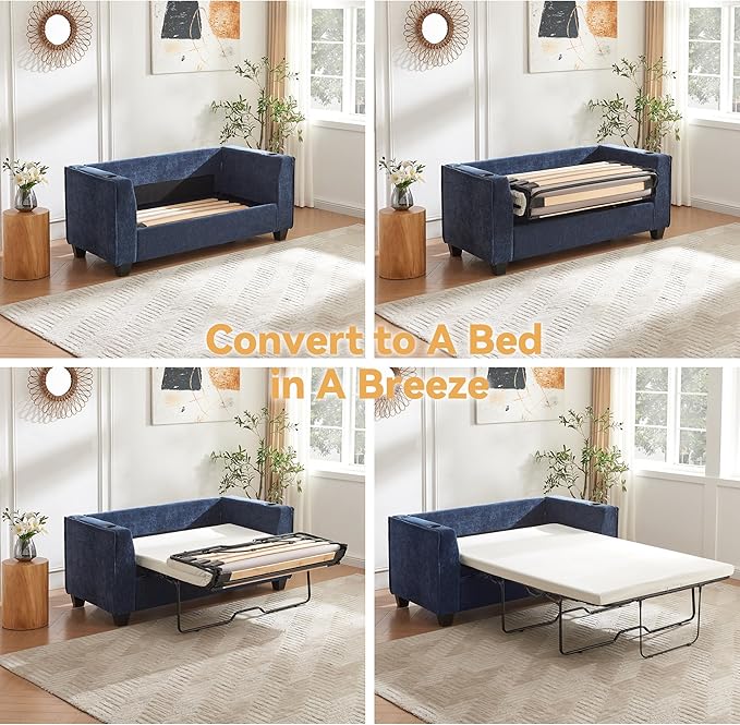 Brelice 65 Pull Out Sofa Bed Sleeper Sofa Couch 2-in-1 Convertible Chenille Loveseat with USB Charging Port and Memory Foam Mattress Full Size Pullout Bed for Living Room Apartment or Office
