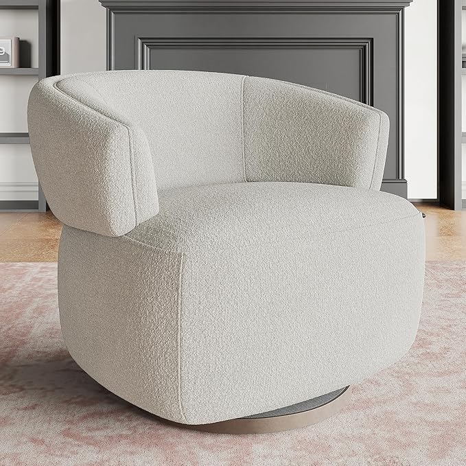 RoyalCraft Swivel Accent Chair Fully Assembled Round Barrel Chairs Oversized Upholstered Armchair with 360-Degree Base Modern Club Chair for Living Room Bedroom Office Griege