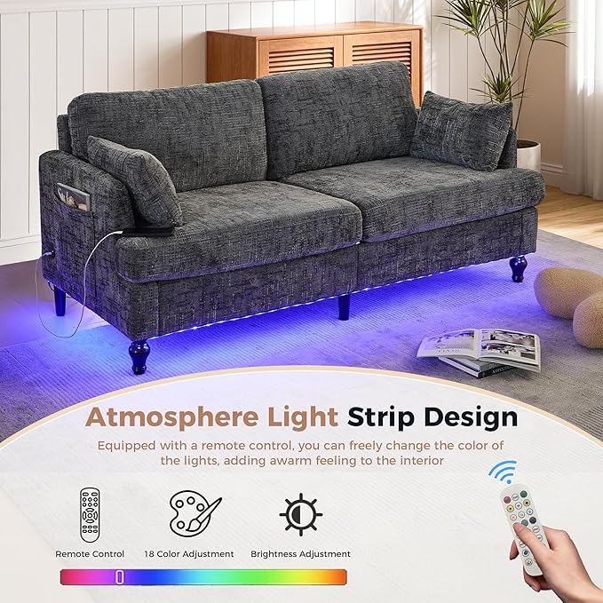 69 Loveseat Couch 2-Seat Upholstered Sofa Couch Mid-Century Modern Tufted Sofa with USB Charger LED Lights and Side Pocket Chenille Fabric Couches for Living Room Apartment (Gray)