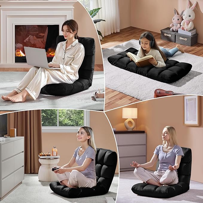 Yaheetech Floor Chair Meditation Chair with Back Support Gaming Floor Lounger with 14 Adjustable Position for Adult Black 2pcs