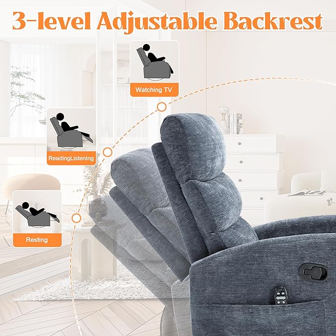 Luxlen Manual Swivel Rocker Recliner Chair with Massage Overstuffed Recliner Glider with Vibration Massage and Heat for Nursery Living Room Reclining Sofa Chair Fabric Blue
