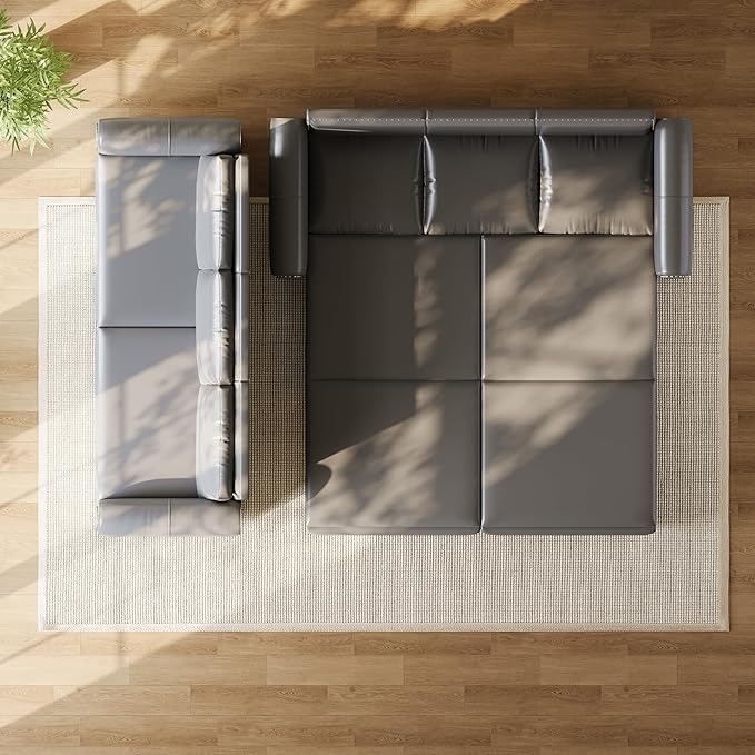 93.7 King Pull Out Sofa Bed Faux Leather Convertible Sleeper Couch with Nailhead Trim Oversized Mid Century Modern Chesterfield Sofa Sectional Couch for Living Room Grey