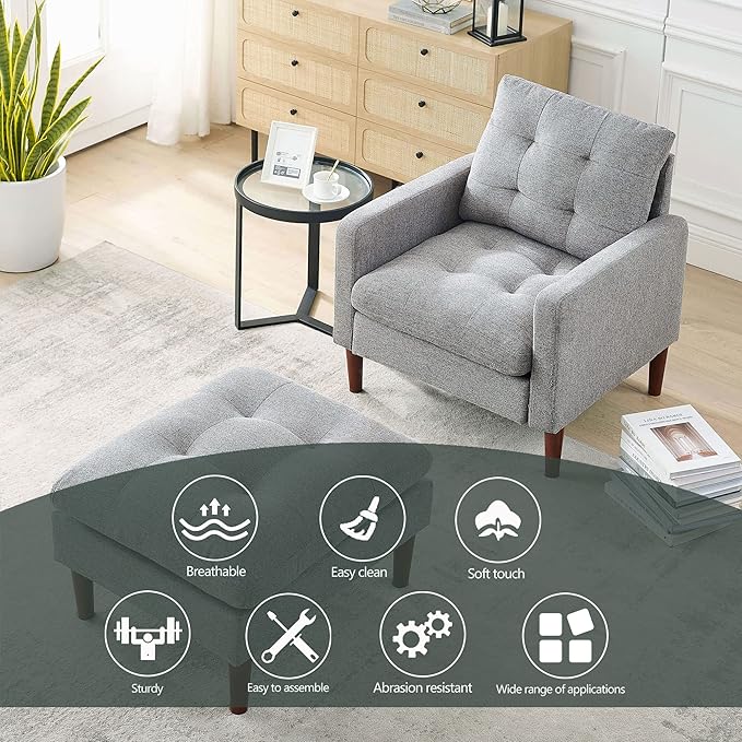 Modern Fabric Single Sofa Chair Living Room Chair Comfortable Armchair with Solid Wood Legs Tufted Chair for Reading or Lounging
