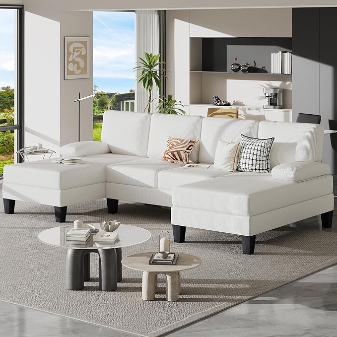 Bezseller 107.3 Sectional Couches for Living Room U Shaped Modular Sofa Couch with Cushion &amp Corduroy Fabric 4-Seat Comfy Furniture Sets with Double Chaise for Apartment Reception Room Beige