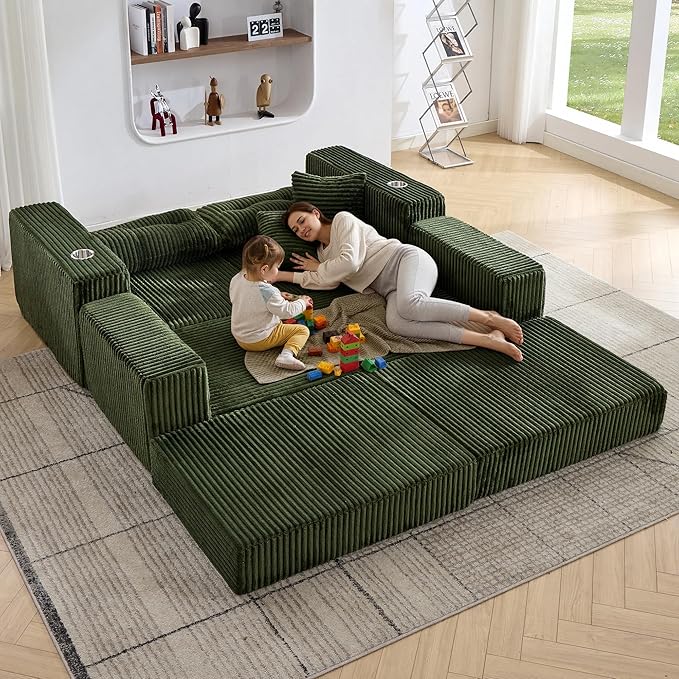 TYBOATLE Modular Cloud Sofa Loveseat with Ottoman Modern Corduroy Boneless Sectional Foam Couch with Deep Seats Convertible Sleeper Sofa Bed for Living Room No Assembly (Forest Green 2 Seat)