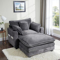 Corduroy Oversized Chair with Seat Pad - 44 Wide King Comfortable Chair and Seat Cover Set Modern Single Sofa Armrest with USB Port and Cup Holder Living Room Cloud Lounger (Grey)
