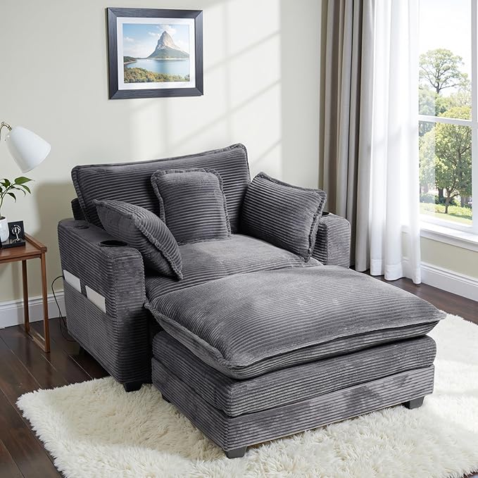 Corduroy Oversized Chair with Seat Pad - 44 Wide King Comfortable Chair and Seat Cover Set Modern Single Sofa Armrest with USB Port and Cup Holder Living Room Cloud Lounger (Grey)