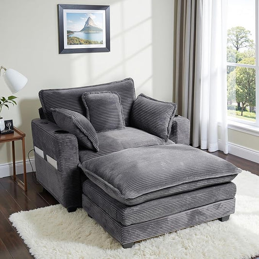 Corduroy Oversized Chair with Seat Pad - 44 Wide King Comfortable Chair and Seat Cover Set Modern Single Sofa Armrest with USB Port and Cup Holder Living Room Cloud Lounger (Grey)