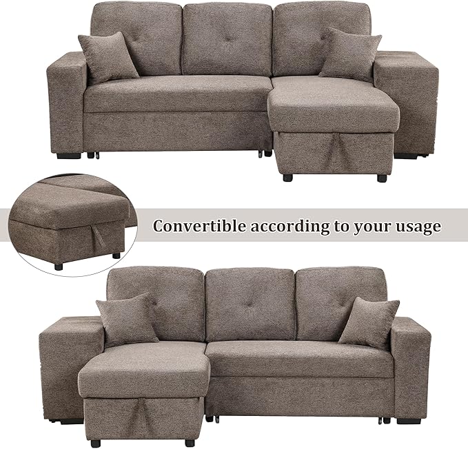 LUMISOL Reversible L-Shape Sectional Sofa with Side Shelf and 2 Stools Pull-Out Sleeper Sofa Bed with Storage Chaise Left/Right Hande for Living Room Apartment Knox Charcoal