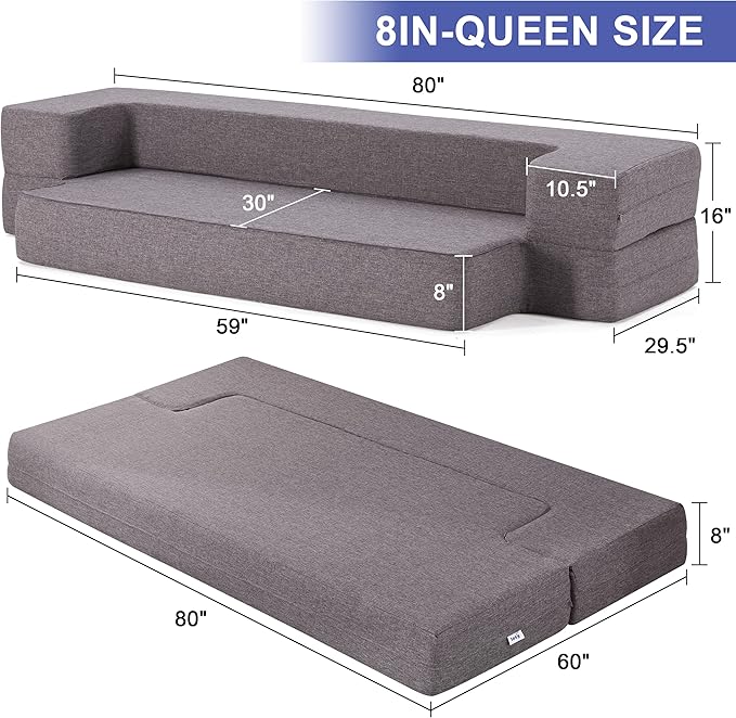 Floor Sofa Bed Convertible Sleeper Lounge Couch Folding Mattress with 2 Pillows &amp Washable Cover for Living Room Guest Playroom Queen