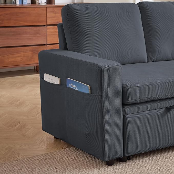 Sleeper Sofa Bed Convertible L Shaped Sofa | Pull Out Bed with Reversible Storage Chaise | Layered Storage | Side Pockets | 3-Seater Comfy 79 Sectional Pullout Couch for Living Room Dark Grey