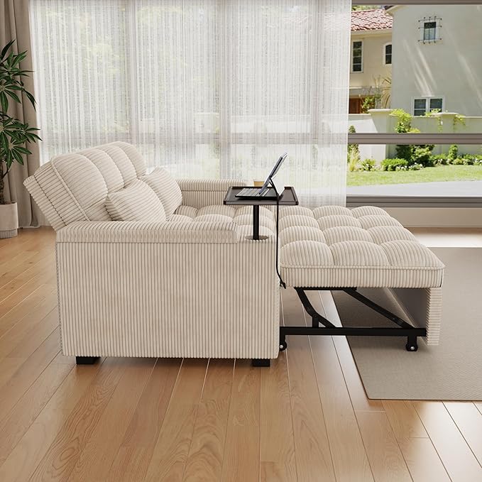 65 Sofa Bed Loveseat 3-in-1 Sleeper Sofa with Pull Out Bed 360° Swivel Side Table and USB 2 Seater Convertible Small Couch for Living Room Apartment (Beige Corduroy)