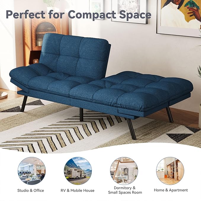 Vyfipt Convertible Futon Sofa Bed 71 Memory Foam Futon Couch with DetachableAdjustable BackrestLinen Fabric Folding Small Loveseat Sleeper for for Living RoomRVOfficeApartmentPure Blue
