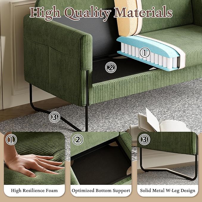 STHOUYN Small Green Love Seat Couches with USB Port &amp Side Pocket Small Loveseat for Small Spaces Mini Sofa for Bedroom 2 Seater Office Couch (Green)