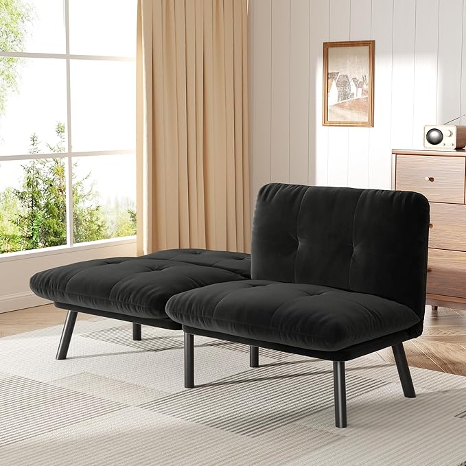 Futon Sofa Sleeper Couch Bed with Adjustable Backrest Thick Cushion Velvet Fabric for Department Living Room Lounge Sofa Loveseat (Black)